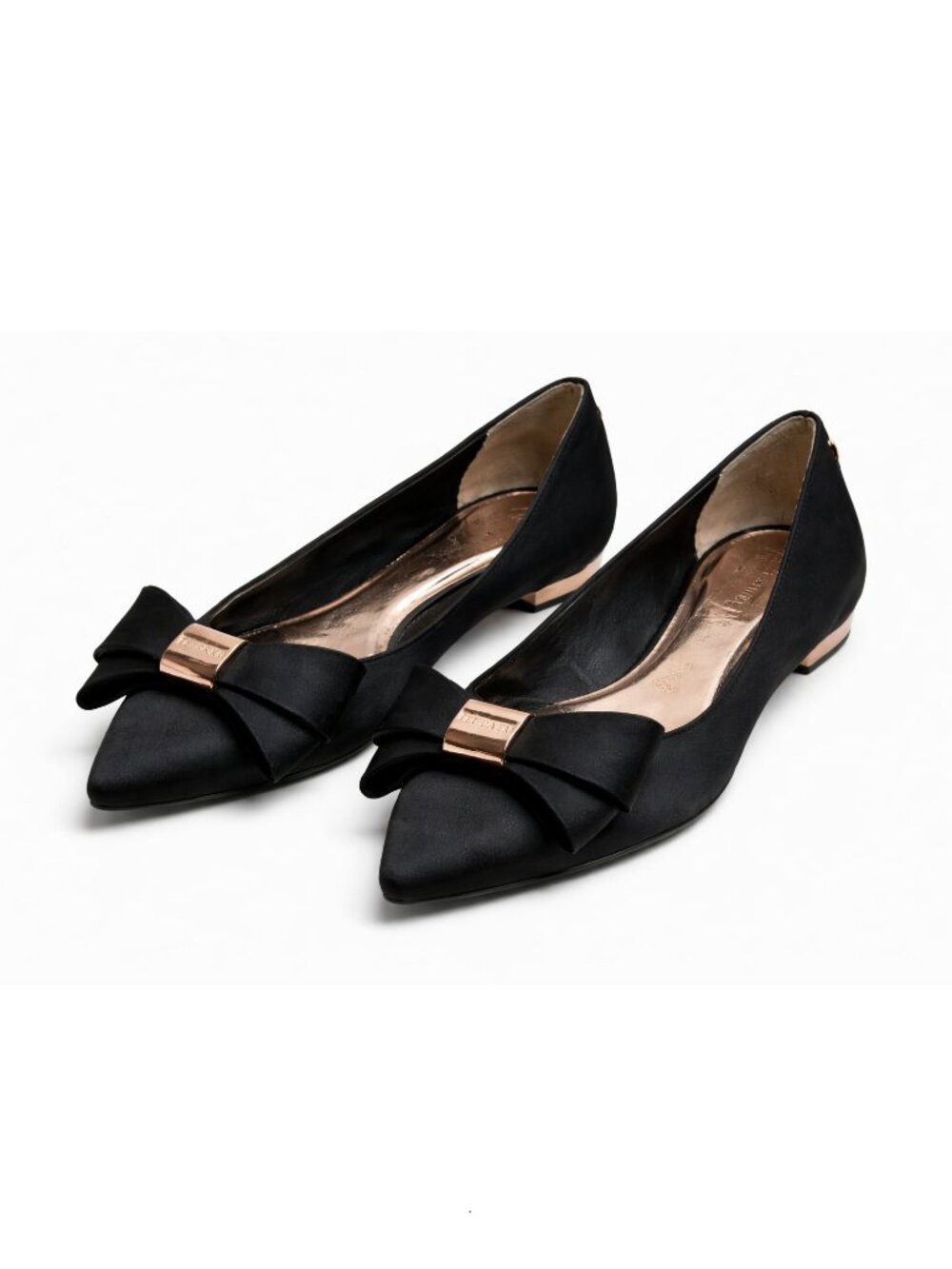 $295 TED BAKER Ilebdi Black Satin Rose Gold Bow Flats - Size 9.5 (40.5)